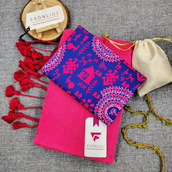 Pink Handloom Cotton Saree With Tassels & Printed Blouse-Fronlioz