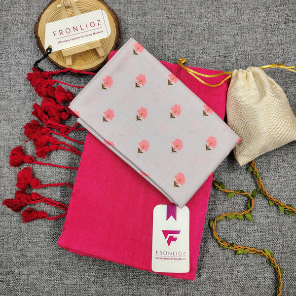 Pink Handloom Cotton Saree With Tassels & Printed Blouse-Fronlioz