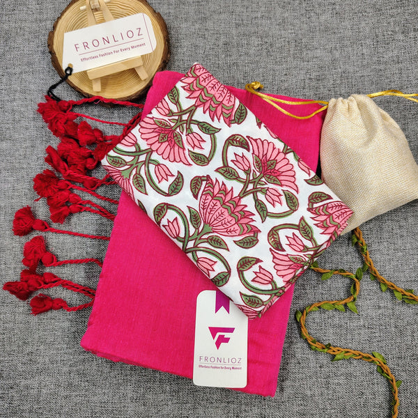 Pink Handloom Cotton Saree With Tassels & Printed Blouse-Fronlioz