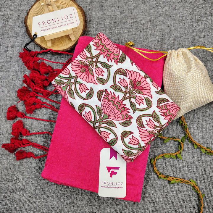 Pink Handloom Cotton Saree With Tassels & Printed Blouse-Fronlioz