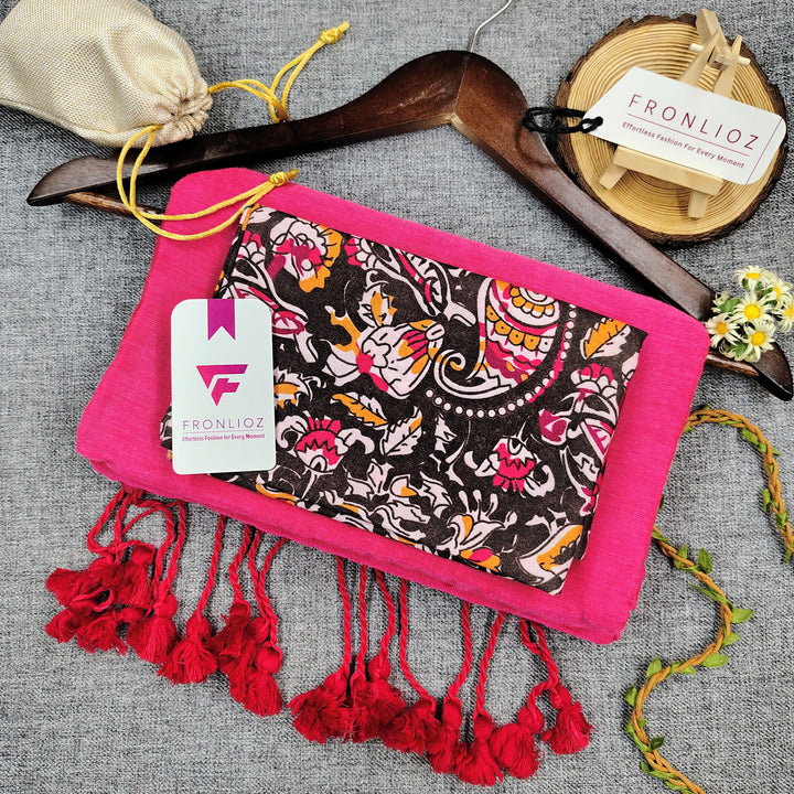 Pink Handloom Cotton Saree With Tassels & Printed Blouse-Fronlioz