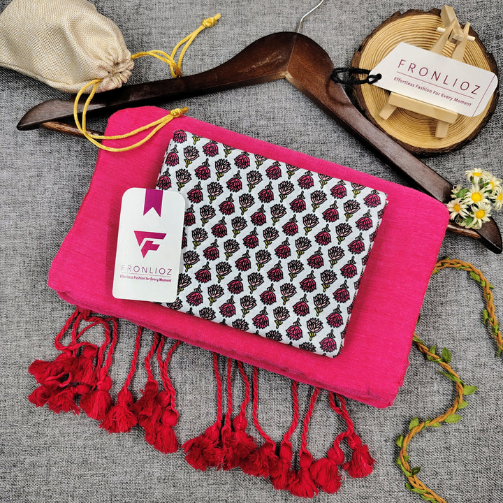 Pink Handloom Cotton Saree With Tassels & Printed Blouse-Fronlioz