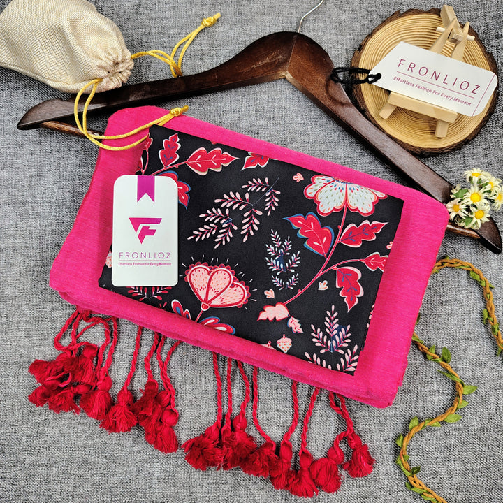 Pink Handloom Cotton Saree With Tassels & Printed Blouse-Fronlioz