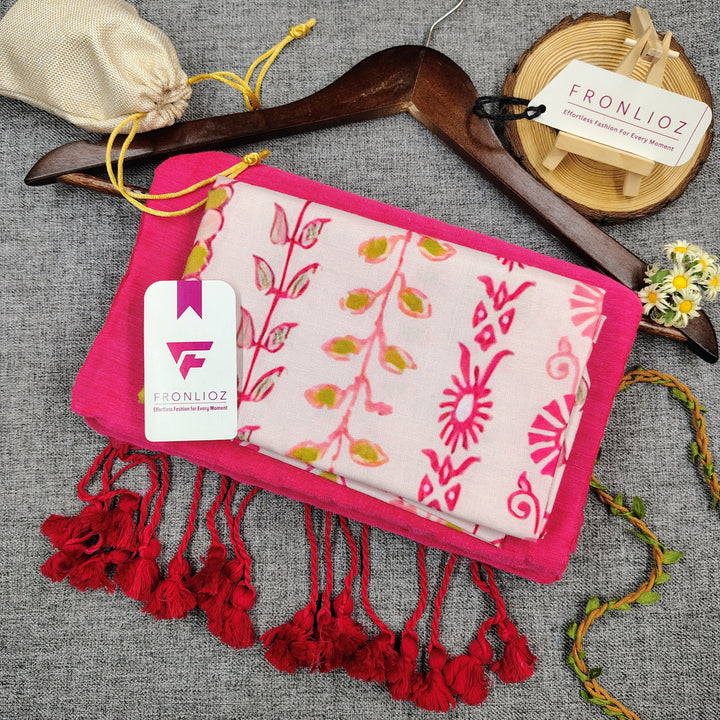 Pink Handloom Cotton Saree With Tassels & Printed Blouse-Fronlioz