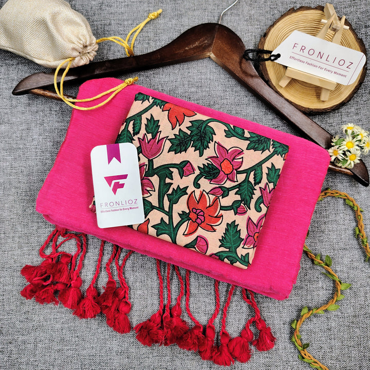 Pink Handloom Cotton Saree With Tassels & Printed Blouse-Fronlioz