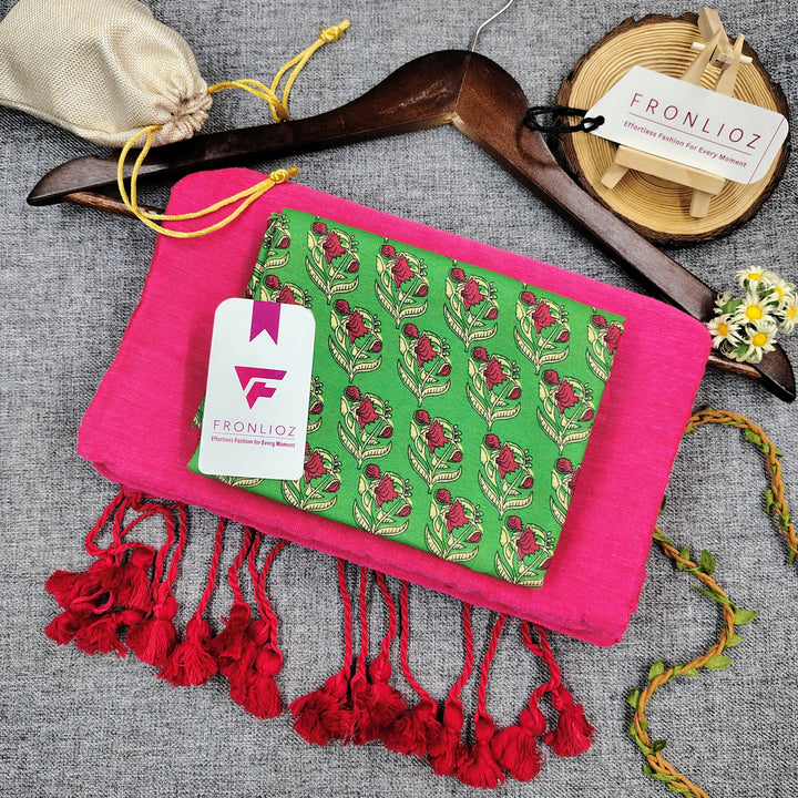 Pink Handloom Cotton Saree With Tassels & Printed Blouse-Fronlioz