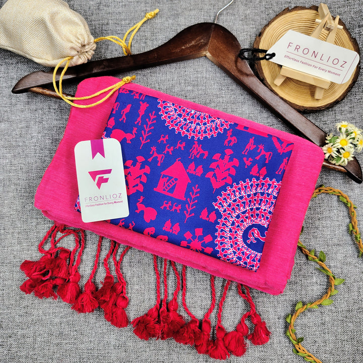 Pink Handloom Cotton Saree With Tassels & Printed Blouse-Fronlioz