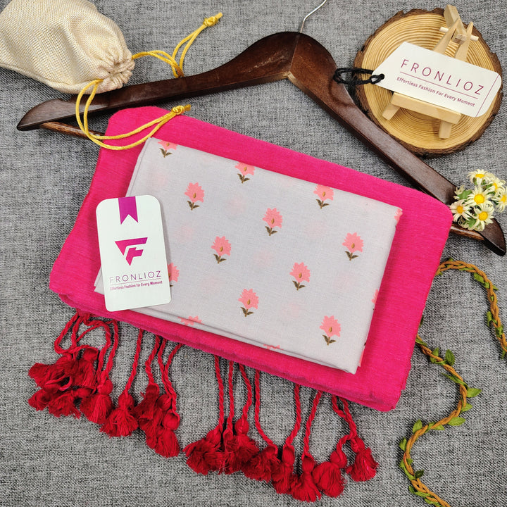 Pink Handloom Cotton Saree With Tassels & Printed Blouse-Fronlioz