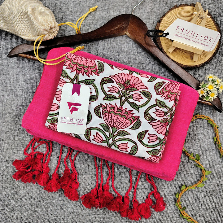 Pink Handloom Cotton Saree With Tassels & Printed Blouse-Fronlioz
