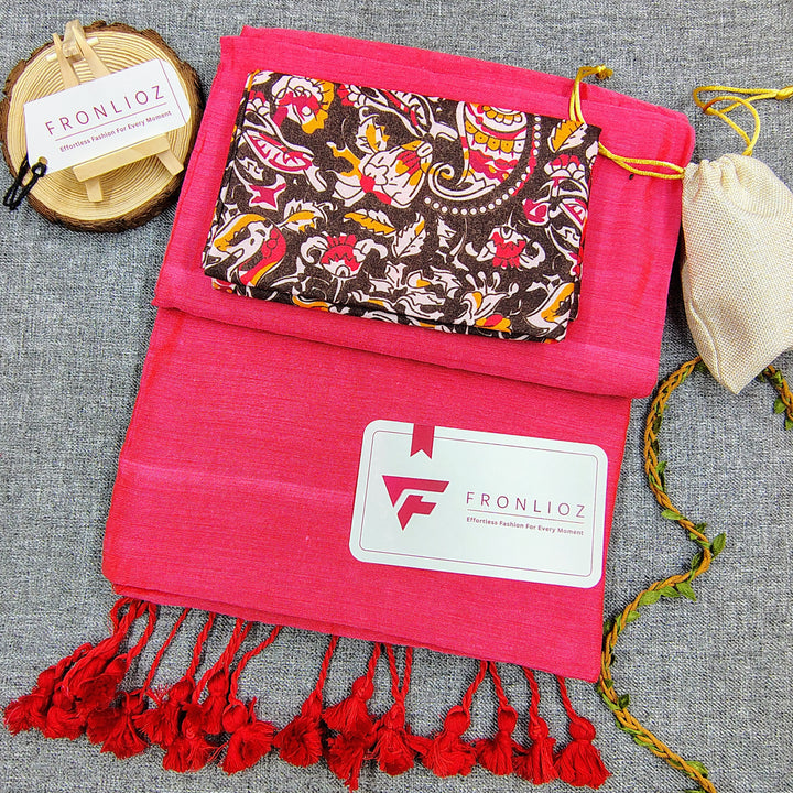 Pink Handloom Cotton Saree With Tassels & Printed Blouse-Fronlioz