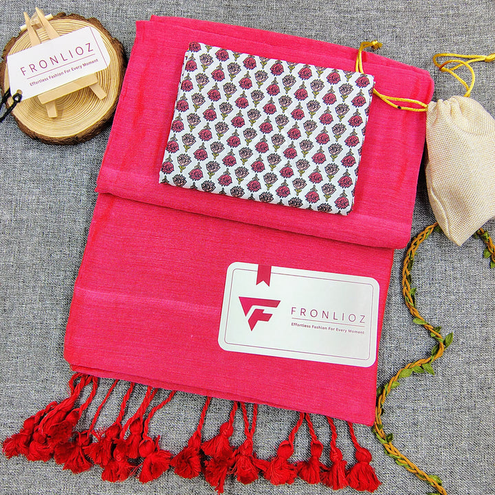 Pink Handloom Cotton Saree With Tassels & Printed Blouse-Fronlioz