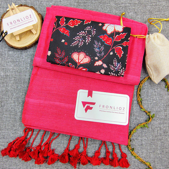 Pink Handloom Cotton Saree With Tassels & Printed Blouse-Fronlioz