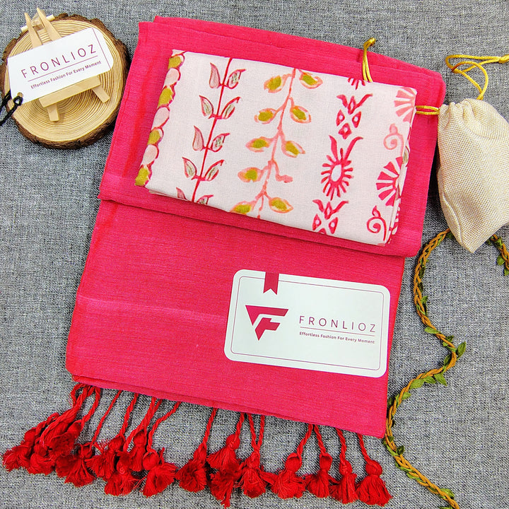 Pink Handloom Cotton Saree With Tassels & Printed Blouse-Fronlioz