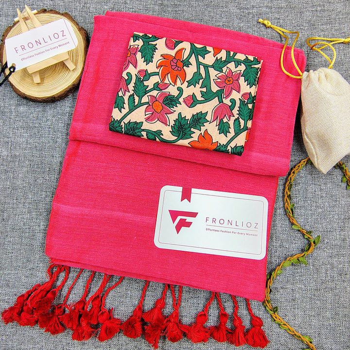 Pink Handloom Cotton Saree With Tassels & Printed Blouse-Fronlioz