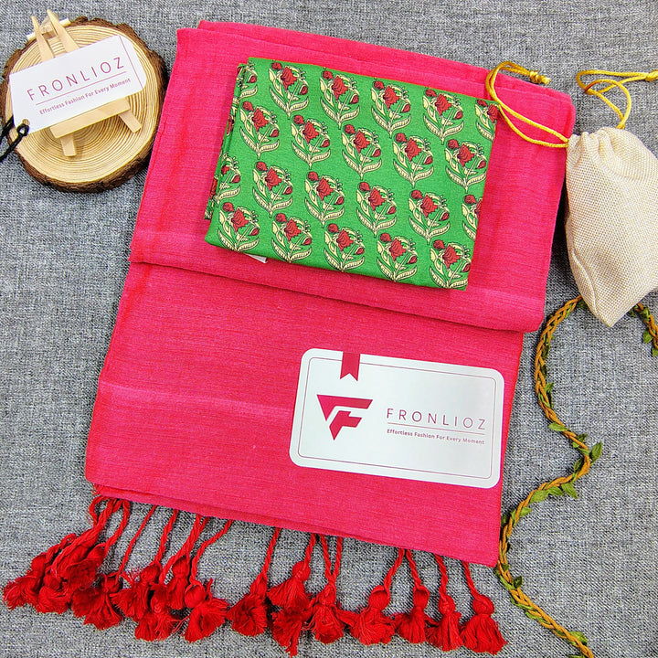 Pink Handloom Cotton Saree With Tassels & Printed Blouse-Fronlioz