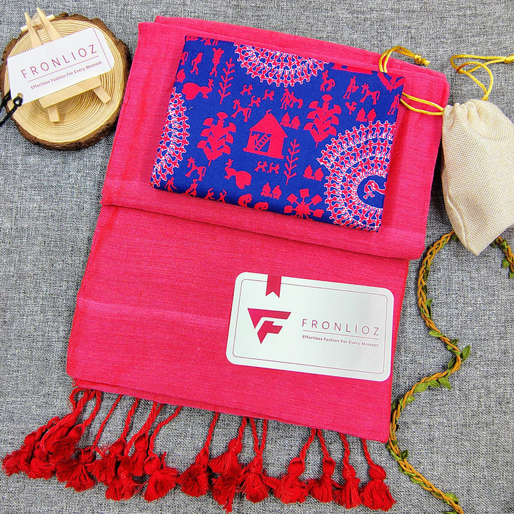 Pink Handloom Cotton Saree With Tassels & Printed Blouse-Fronlioz