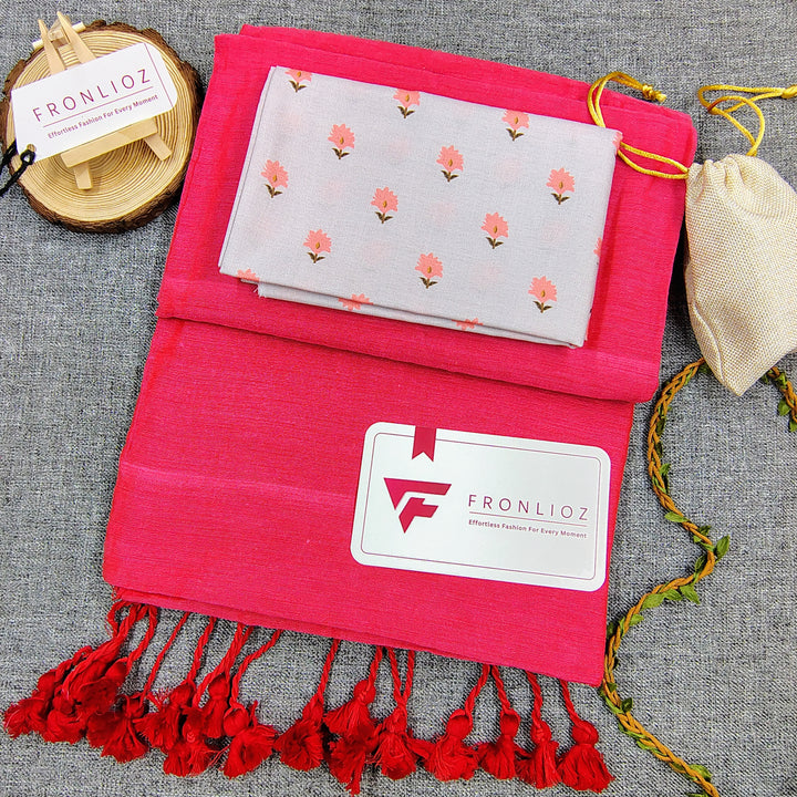 Pink Handloom Cotton Saree With Tassels & Printed Blouse-Fronlioz