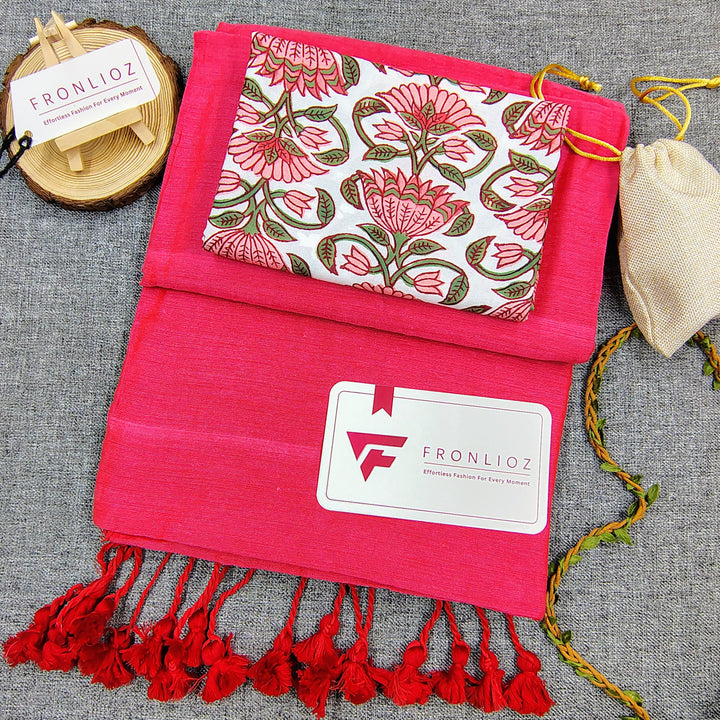 Pink Handloom Cotton Saree With Tassels & Printed Blouse-Fronlioz