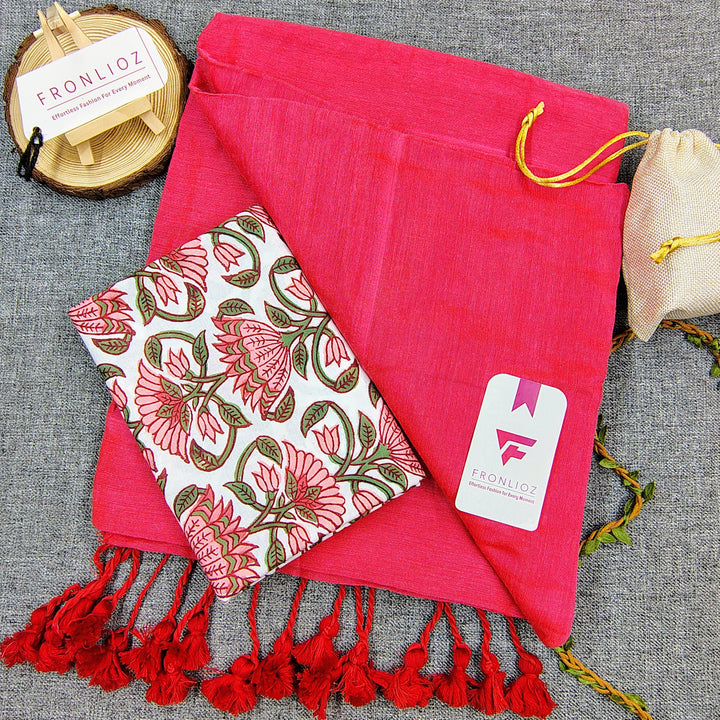 Pink Handloom Cotton Saree With Tassels & Printed Blouse-Fronlioz