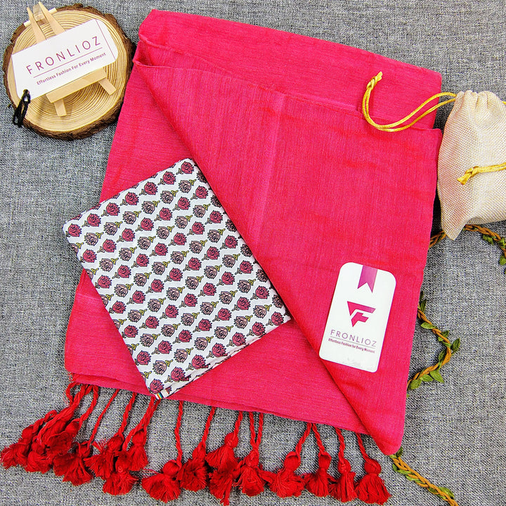 Pink Handloom Cotton Saree With Tassels & Printed Blouse-Fronlioz