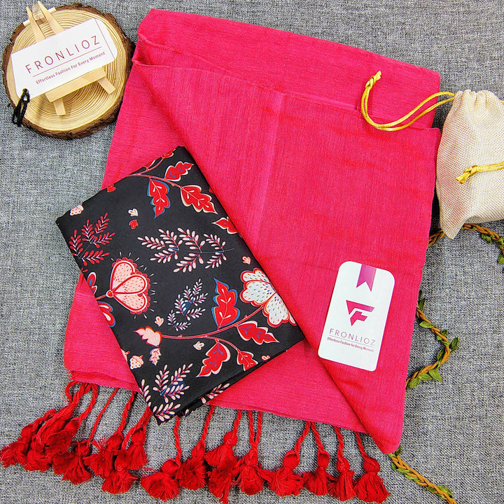 Pink Handloom Cotton Saree With Tassels & Printed Blouse-Fronlioz