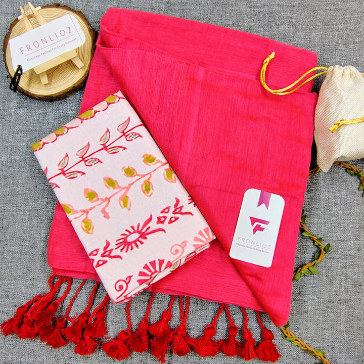 Pink Handloom Cotton Saree With Tassels & Printed Blouse-Fronlioz