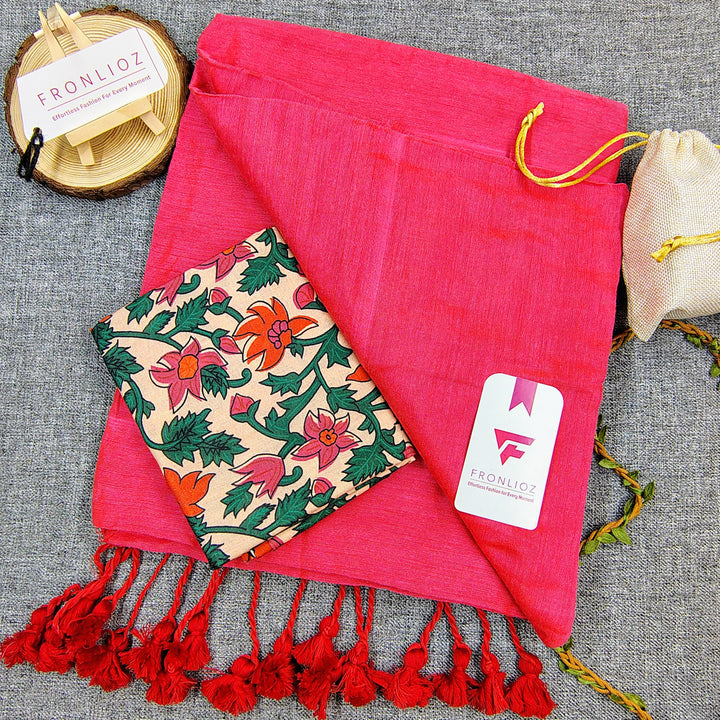 Pink Handloom Cotton Saree With Tassels & Printed Blouse-Fronlioz