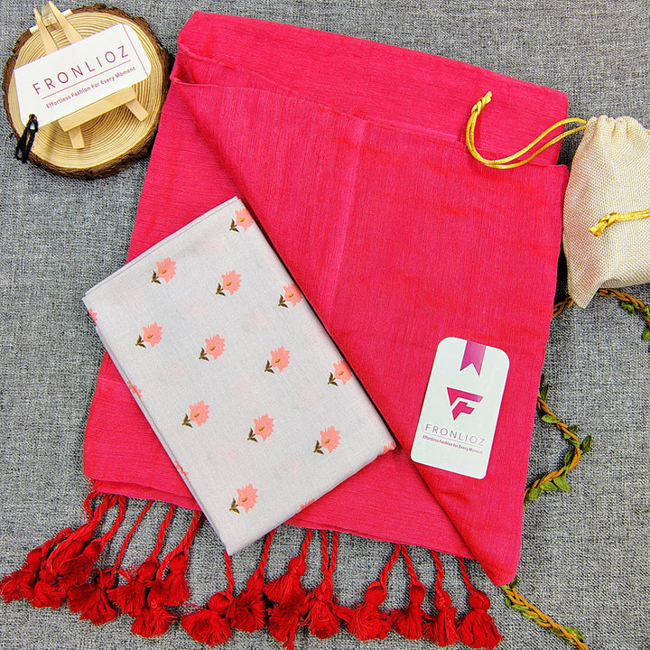 Pink Handloom Cotton Saree With Tassels & Printed Blouse-Fronlioz
