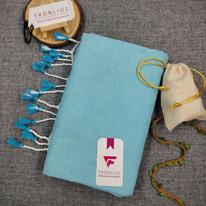 Sky Handloom Cotton Saree With Tassels & Printed Blouse-Fronlioz