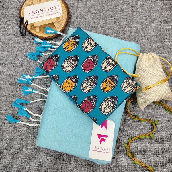 Sky Handloom Cotton Saree With Tassels & Printed Blouse-Fronlioz