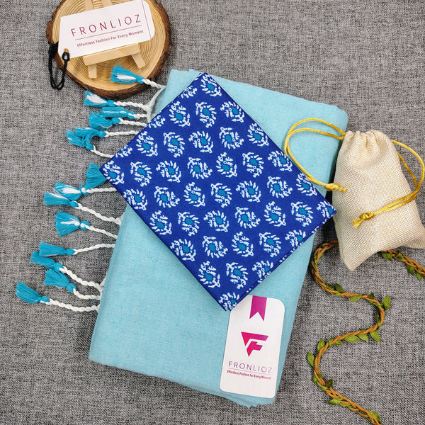 Sky Handloom Cotton Saree With Tassels & Printed Blouse-Fronlioz