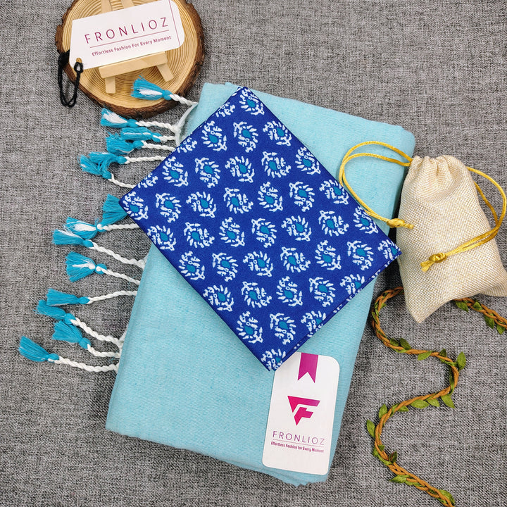 Sky Handloom Cotton Saree With Tassels & Printed Blouse-Fronlioz