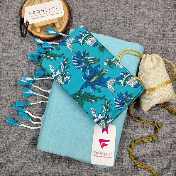 Sky Handloom Cotton Saree With Tassels & Printed Blouse-Fronlioz