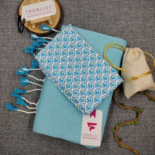Sky Handloom Cotton Saree With Tassels & Printed Blouse-Fronlioz