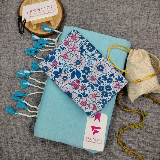 Sky Handloom Cotton Saree With Tassels & Printed Blouse-Fronlioz