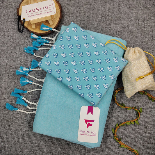 Sky Handloom Cotton Saree With Tassels & Printed Blouse-Fronlioz