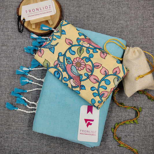 Sky Handloom Cotton Saree With Tassels & Printed Blouse-Fronlioz