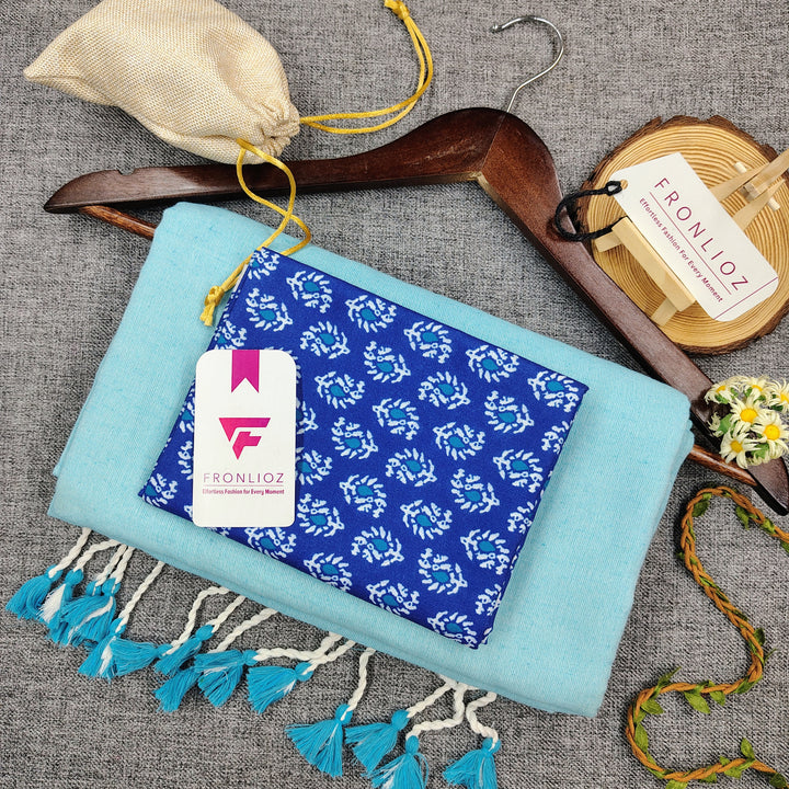 Sky Handloom Cotton Saree With Tassels & Printed Blouse-Fronlioz