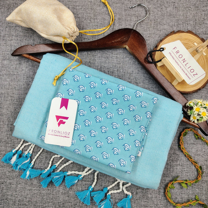 Sky Handloom Cotton Saree With Tassels & Printed Blouse-Fronlioz