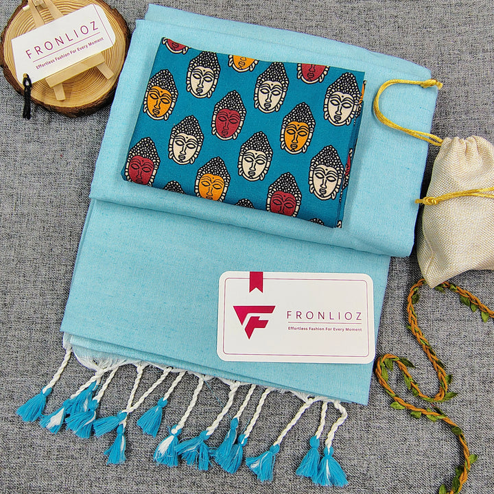 Sky Handloom Cotton Saree With Tassels & Printed Blouse-Fronlioz