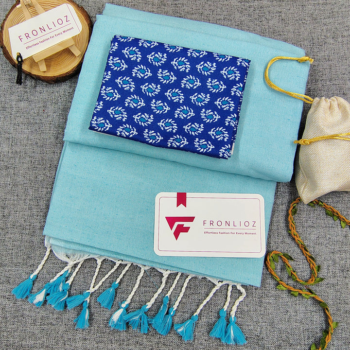 Sky Handloom Cotton Saree With Tassels & Printed Blouse-Fronlioz