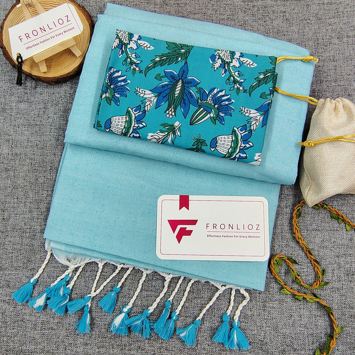 Sky Handloom Cotton Saree With Tassels & Printed Blouse-Fronlioz