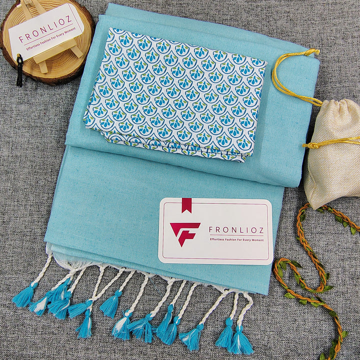 Sky Handloom Cotton Saree With Tassels & Printed Blouse-Fronlioz