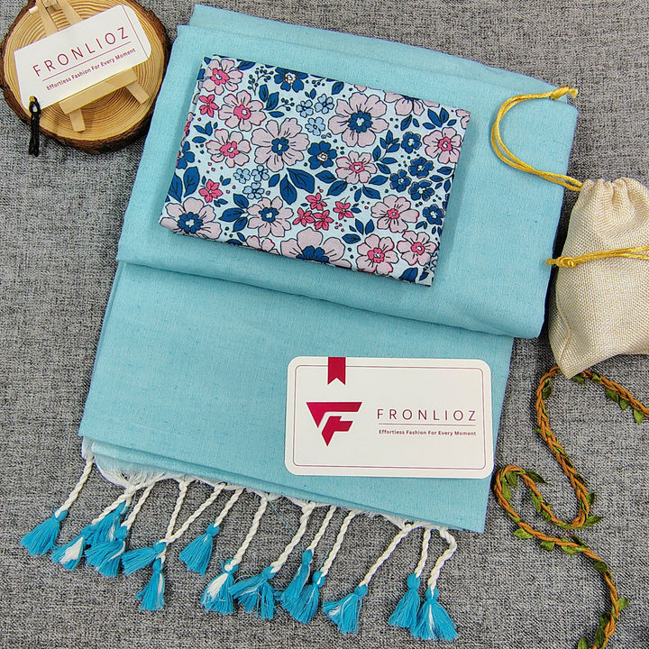 Sky Handloom Cotton Saree With Tassels & Printed Blouse-Fronlioz