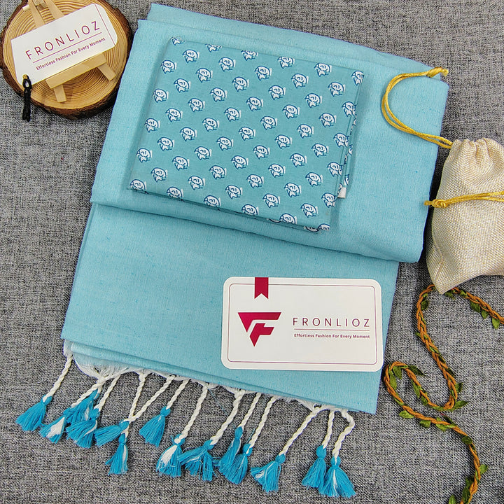 Sky Handloom Cotton Saree With Tassels & Printed Blouse-Fronlioz