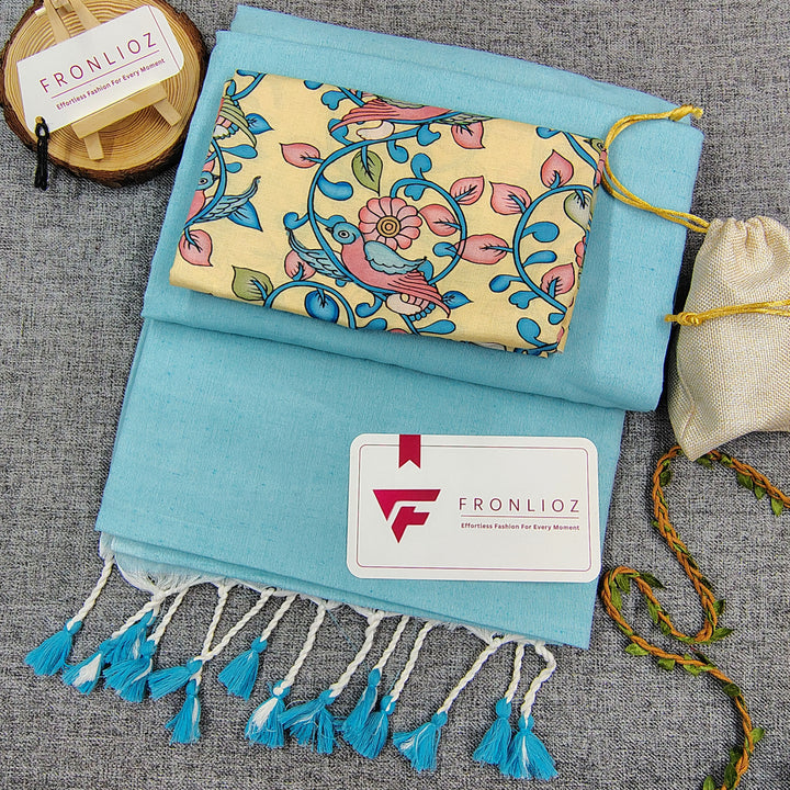 Sky Handloom Cotton Saree With Tassels & Printed Blouse-Fronlioz
