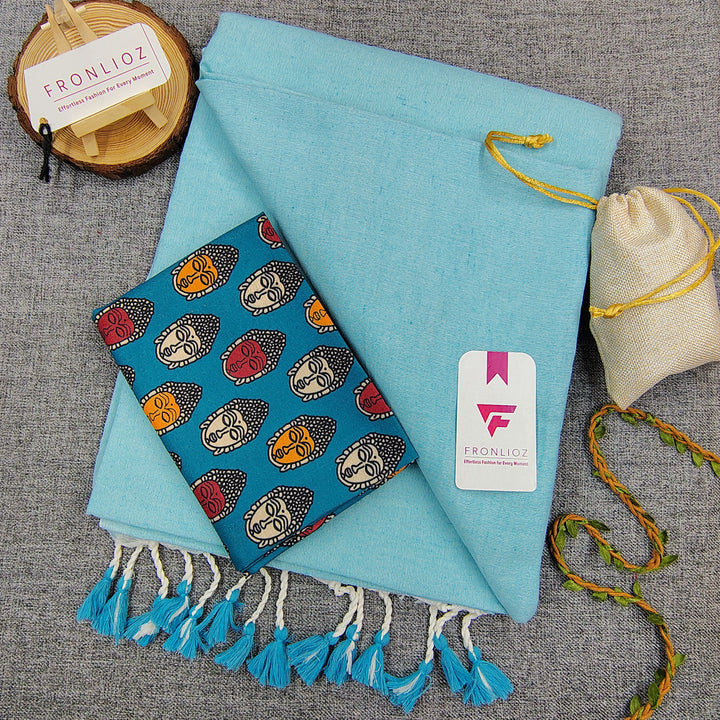 Sky Handloom Cotton Saree With Tassels & Printed Blouse-Fronlioz