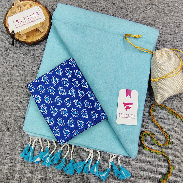 Sky Handloom Cotton Saree With Tassels & Printed Blouse-Fronlioz