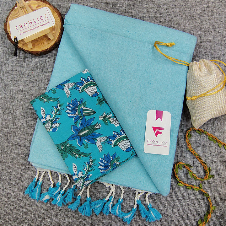 Sky Handloom Cotton Saree With Tassels & Printed Blouse-Fronlioz