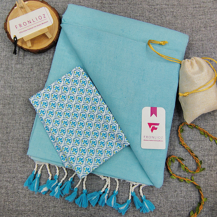 Sky Handloom Cotton Saree With Tassels & Printed Blouse-Fronlioz